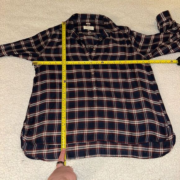 Ann Taylor LOFT SP The Softened Shirt Navy Red Plaid Half Button Collared Womens - Picture 8 of 9